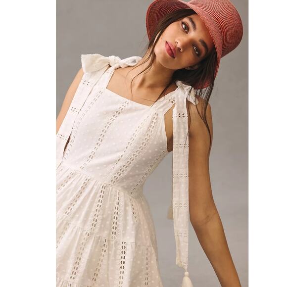 New Anthropologie Mille Shoulder-Tie Mini Dress $278 SMALL Cotton Eyelet Lace - Picture 3 of 5